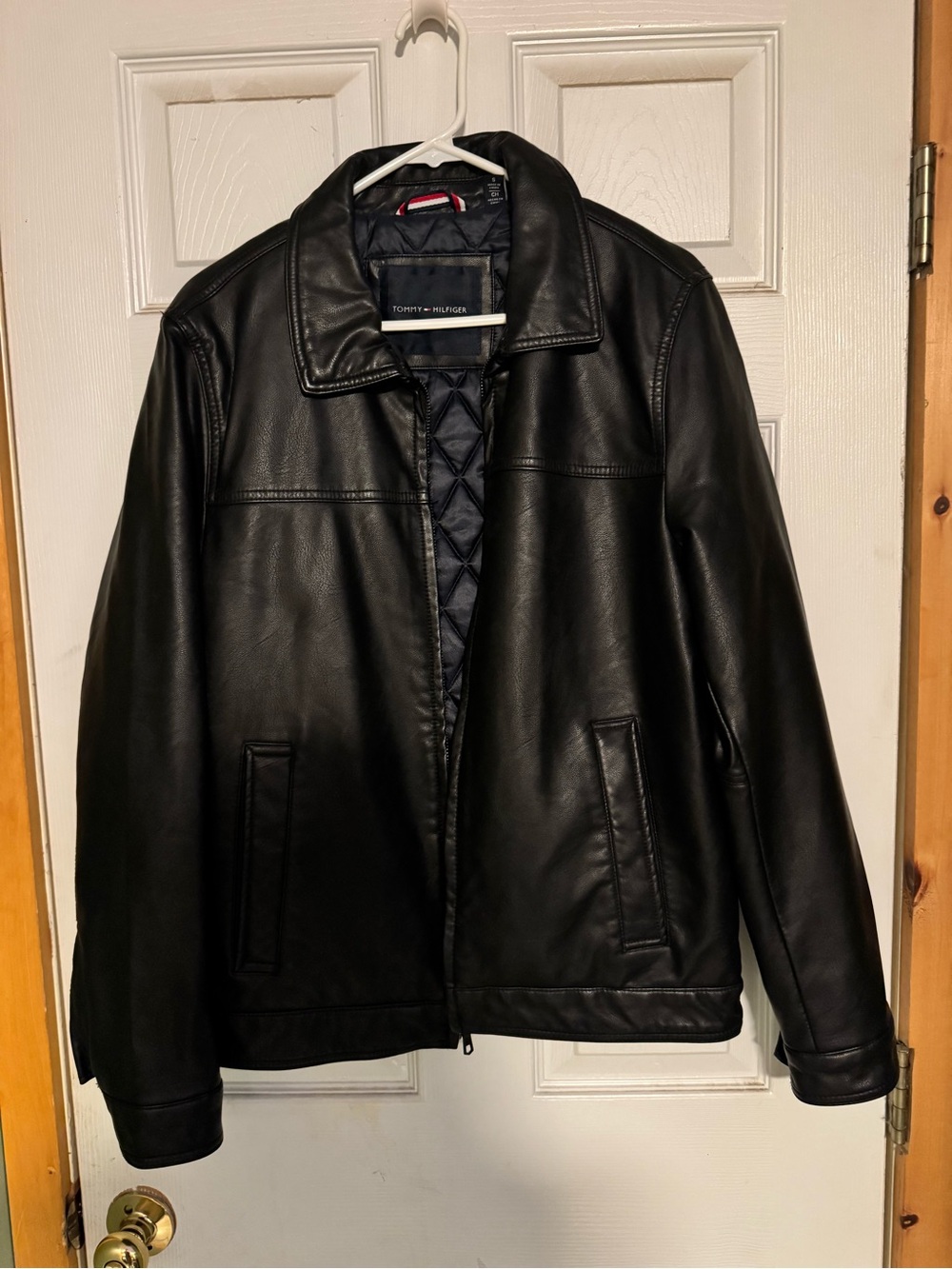 Tommy Hilfiger Black Leather Bomber Jacket with Quilted Navy Lining